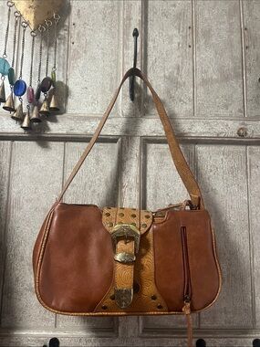 Brown Leather Shoulder Bag with Tooled Strap